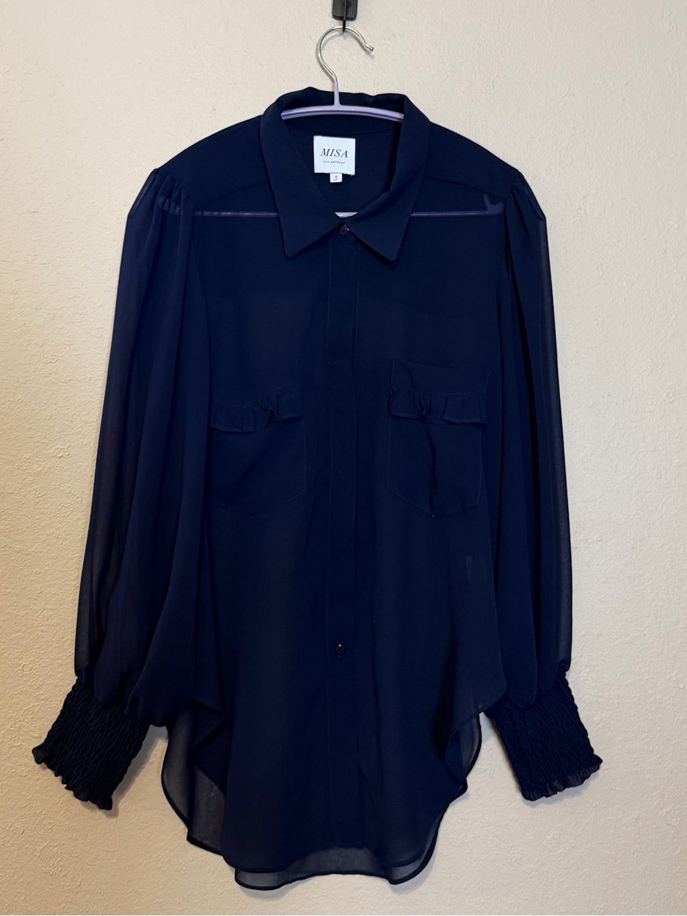 Misa Los‎ Angeles Navy Blue Sheer Ruffle Blouse Size Small